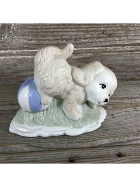 Playful Puppy Ceramic Figurine With Ball White & Blue 4" Tall